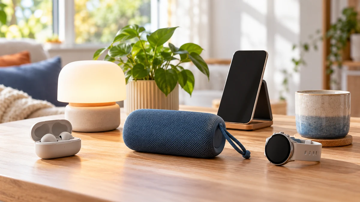 Typische unbeschriftete Produkte und Gegenstände aus dem Bereich Gadgets in einem redaktionellen Stillleben