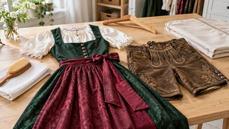 Dirndl, Bluse, Schürze und Lederhose liegen mit Bürste und Kleiderbügel auf einem Pflegetisch