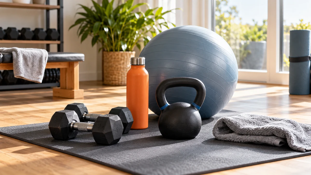 Typische unbeschriftete Produkte und Gegenstände aus dem Bereich Fitness & Fitnesscenter in einem redaktionellen Stillleben