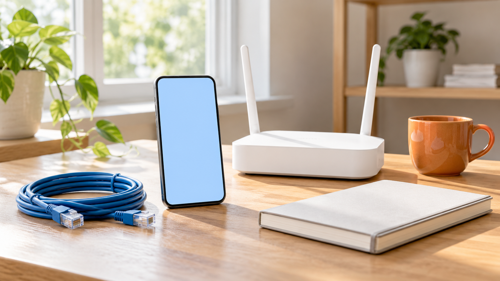 Smartphone, WLAN-Router und Netzwerkkabel auf einem Schreibtisch