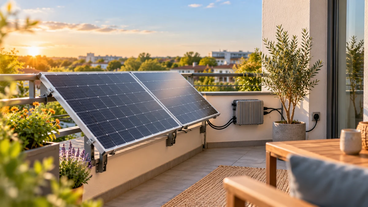 Typische unbeschriftete Produkte und Gegenstände aus dem Bereich Balkonkraftwerke & Solarpanels in einem redaktionellen Stillleben
