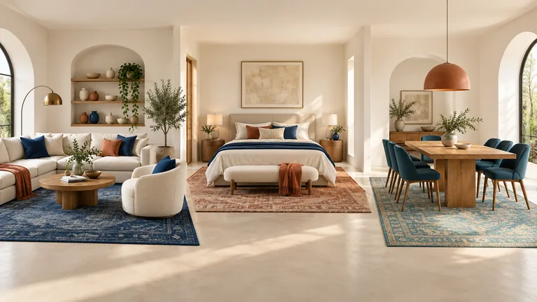 Drei Wohnbereiche mit passend proportionierten Teppichen unter Sofa, Bett und Esstisch