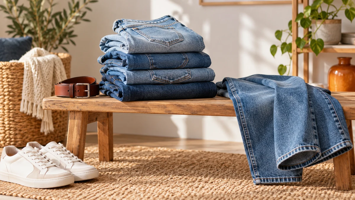 Typische unbeschriftete Produkte und Gegenstände aus dem Bereich Jeans in einem redaktionellen Stillleben