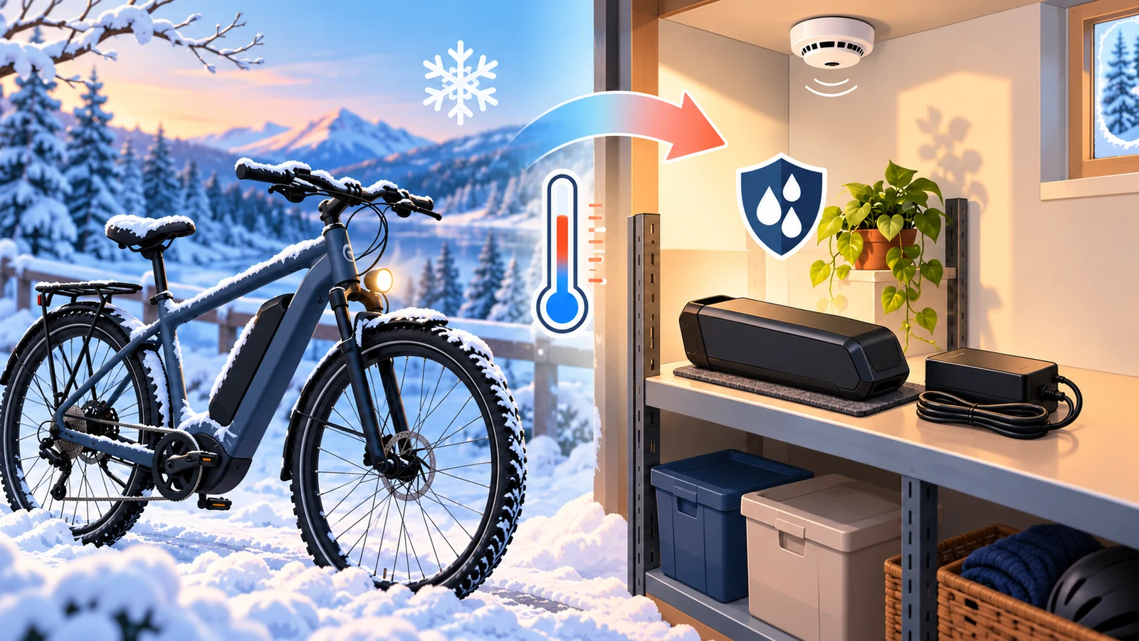 Markenfreies E-Bike im Schnee und entnommener Akku mit Ladegerät auf sicherer trockener Ablage