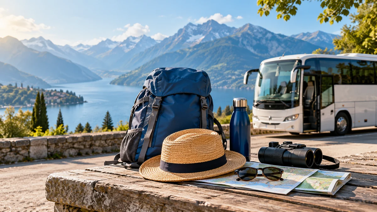 Typische unbeschriftete Produkte und Gegenstände aus dem Bereich Busreisen in einem redaktionellen Stillleben