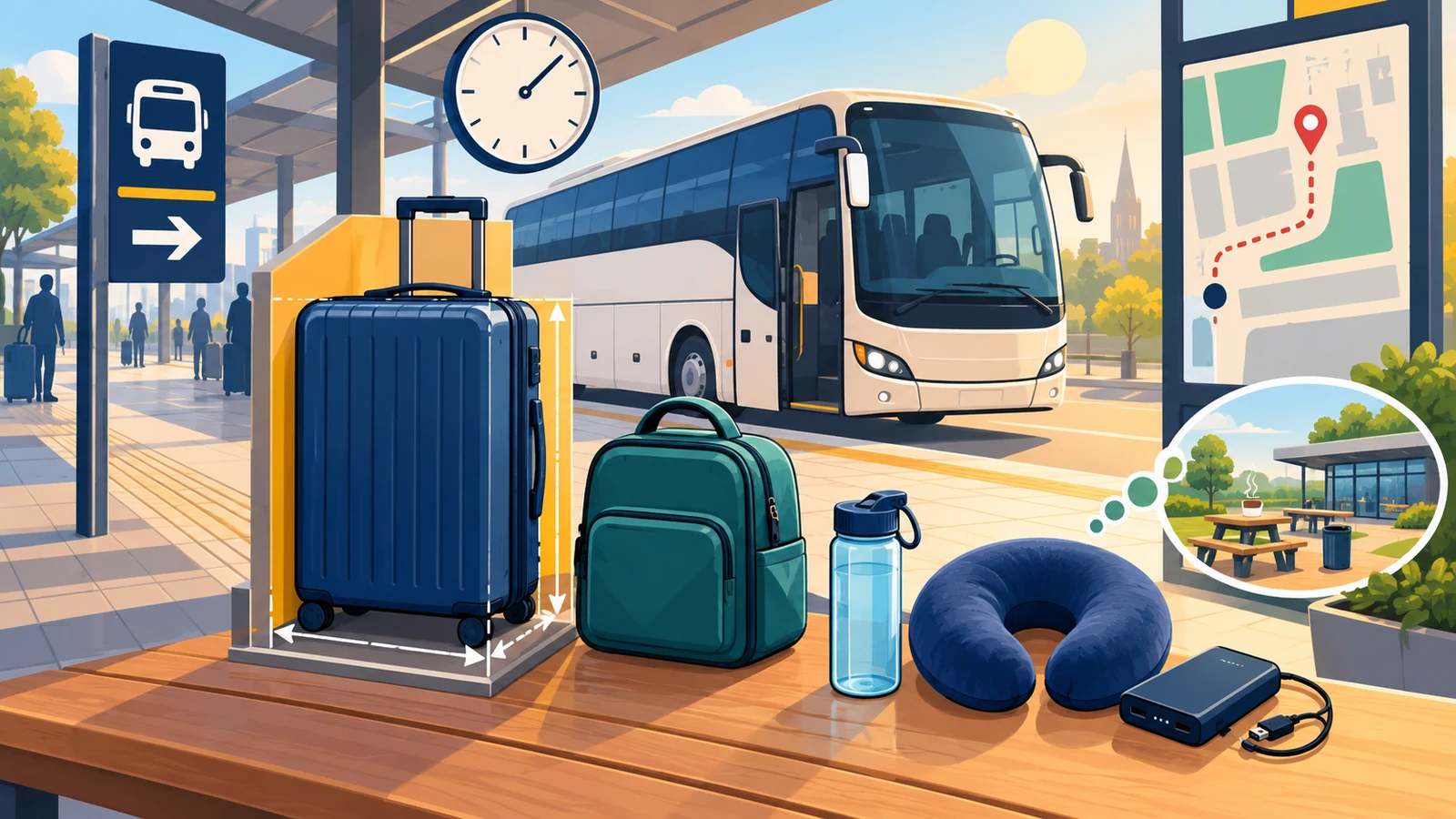 Fernbus am Busbahnhof mit vermessenem Koffer, Handgepäck, Wasser und Reiseutensilien