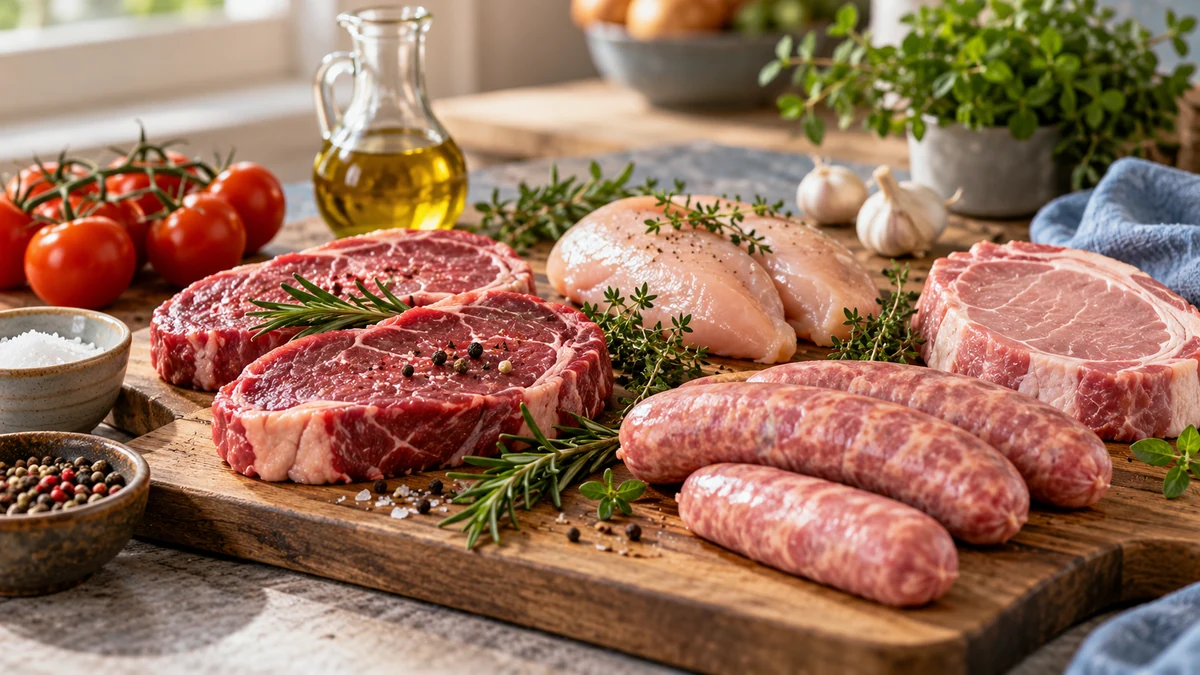 Typische unbeschriftete Produkte und Gegenstände aus dem Bereich Fleisch in einem redaktionellen Stillleben
