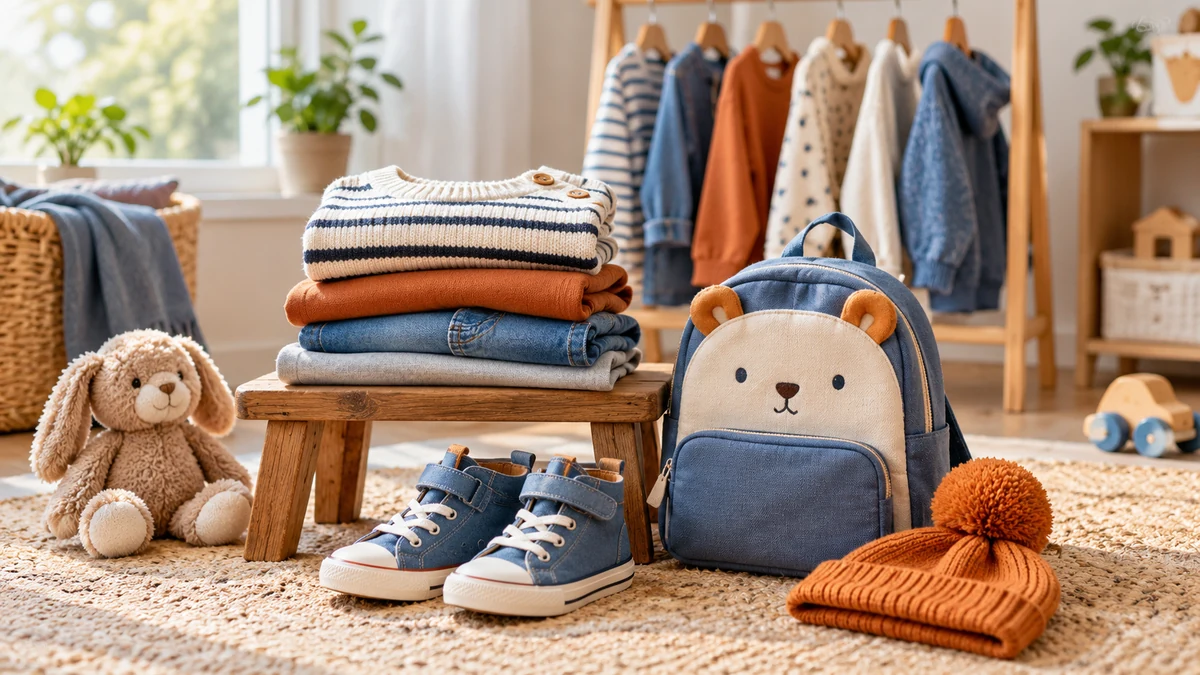 Typische unbeschriftete Produkte und Gegenstände aus dem Bereich Kindermode in einem redaktionellen Stillleben