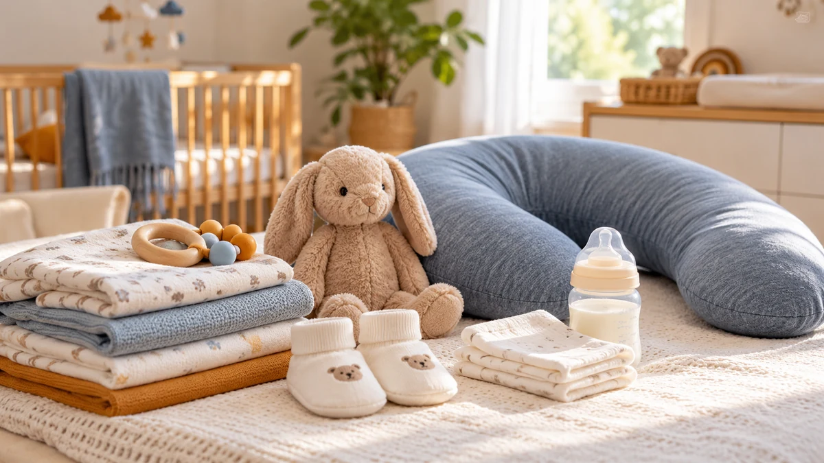Typische unbeschriftete Produkte und Gegenstände aus dem Bereich Baby & Schwangerschaft in einem redaktionellen Stillleben