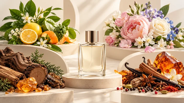 Neutrales Parfumflakon zwischen Zitrusfrüchten, Blüten, Hölzern und warmen Gewürzen