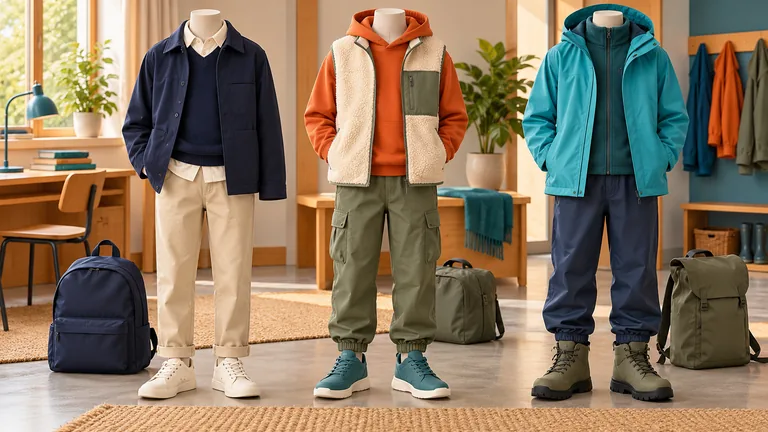 Drei markenfreie Jugendoutfits für Schule, Freizeit und nasses kühles Wetter