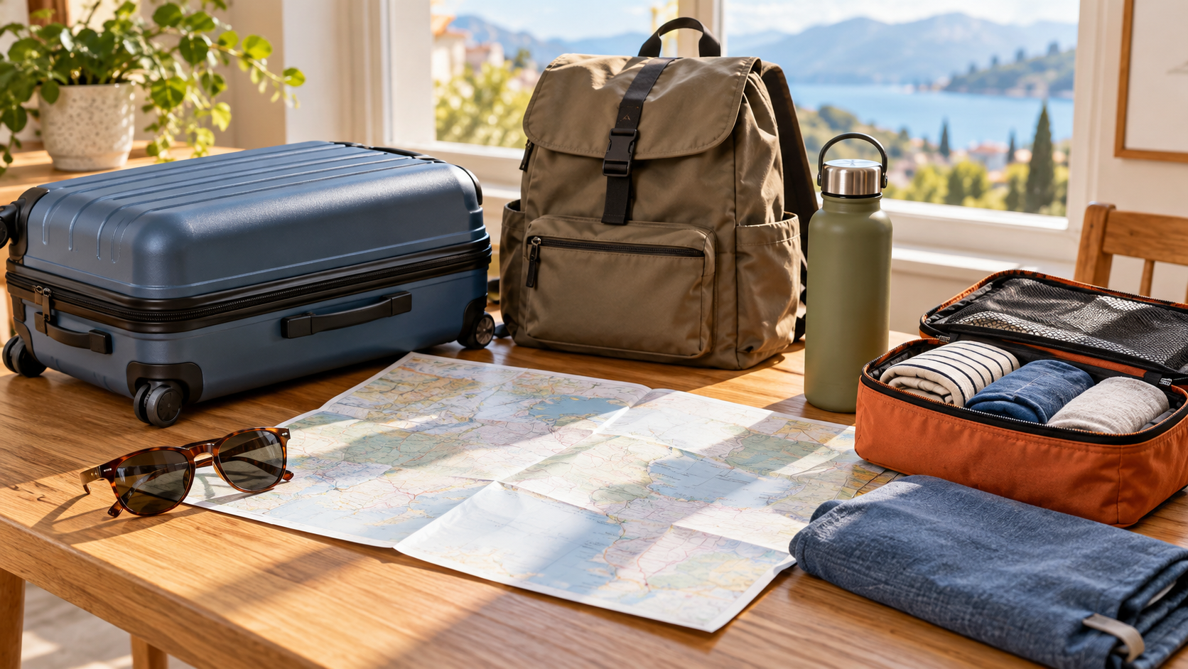 Koffer, Rucksack, Reisekarte und Packtasche auf einem Holztisch