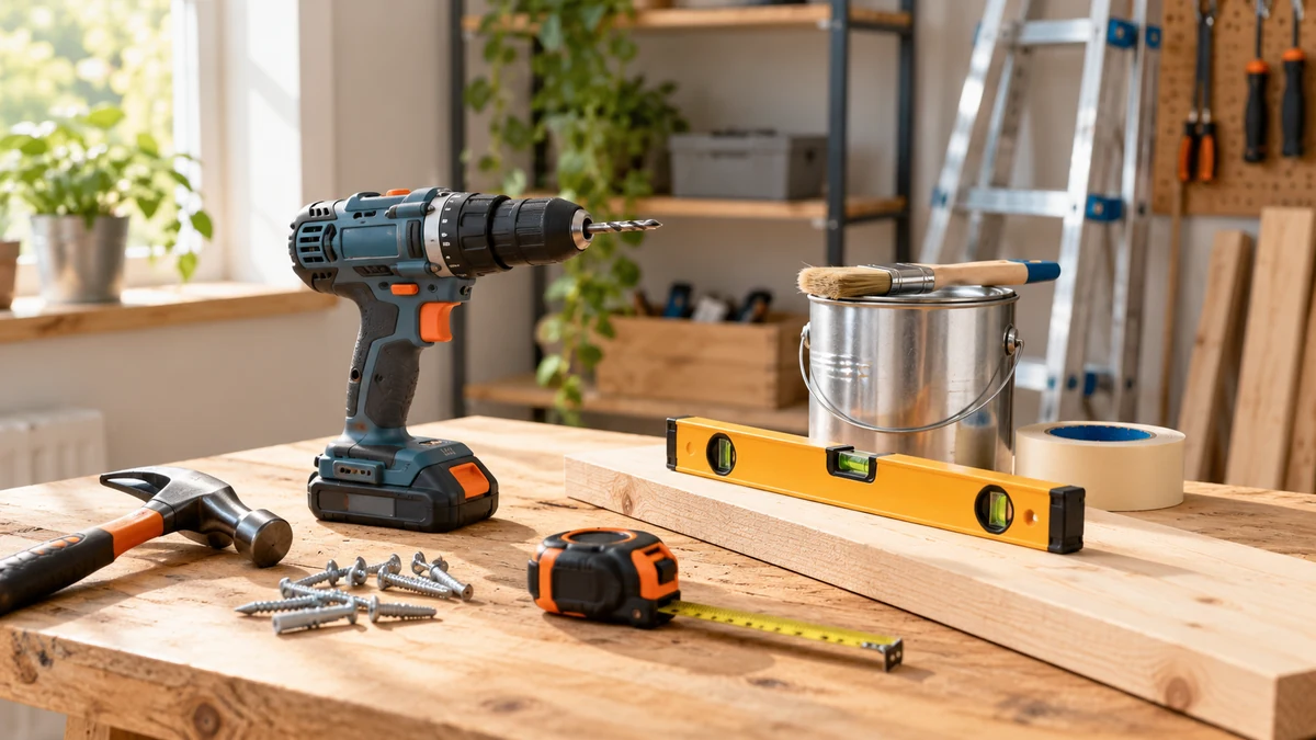 Typische unbeschriftete Produkte und Gegenstände aus dem Bereich Baumarkt & DIY in einem redaktionellen Stillleben