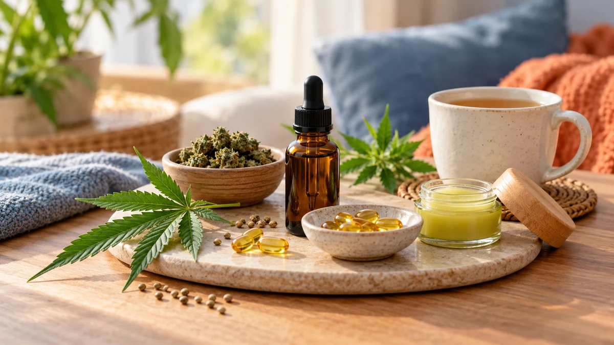Typische unbeschriftete Produkte und Gegenstände aus dem Bereich CBD in einem redaktionellen Stillleben