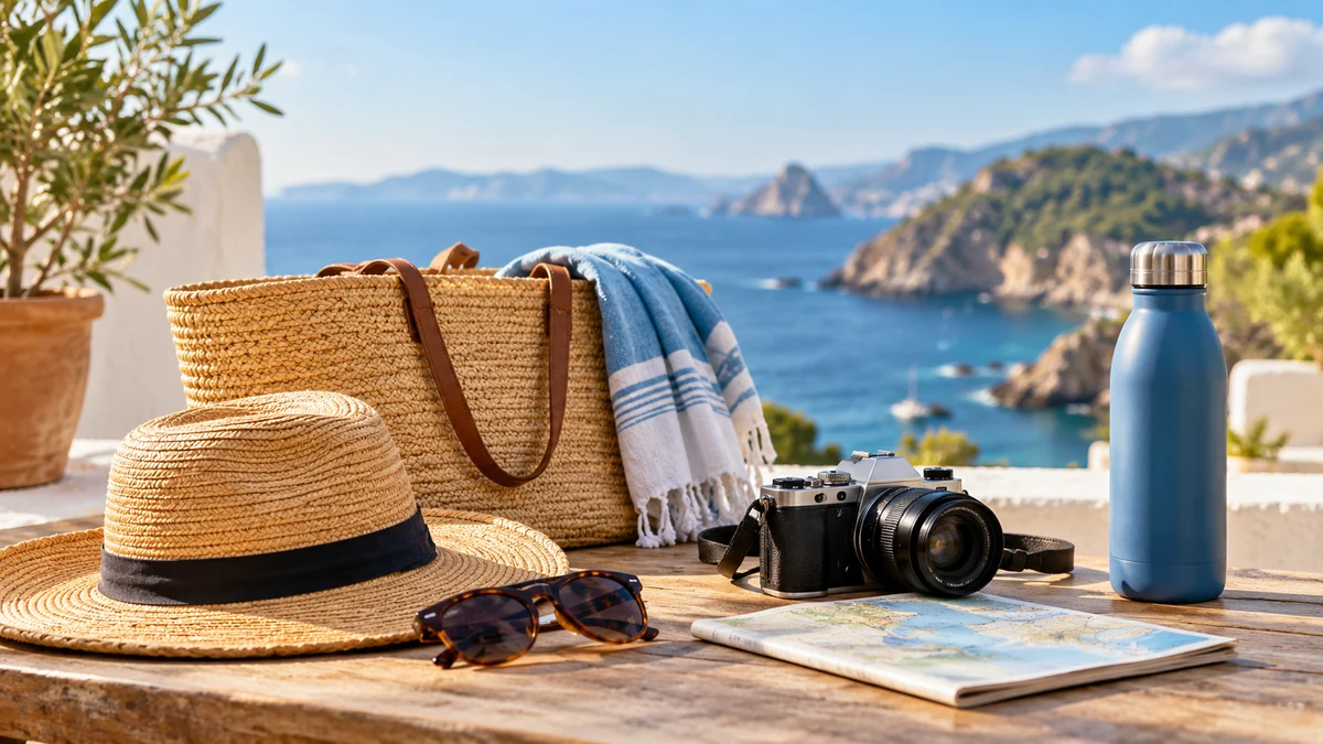 Typische unbeschriftete Produkte und Gegenstände aus dem Bereich Urlaub in einem redaktionellen Stillleben