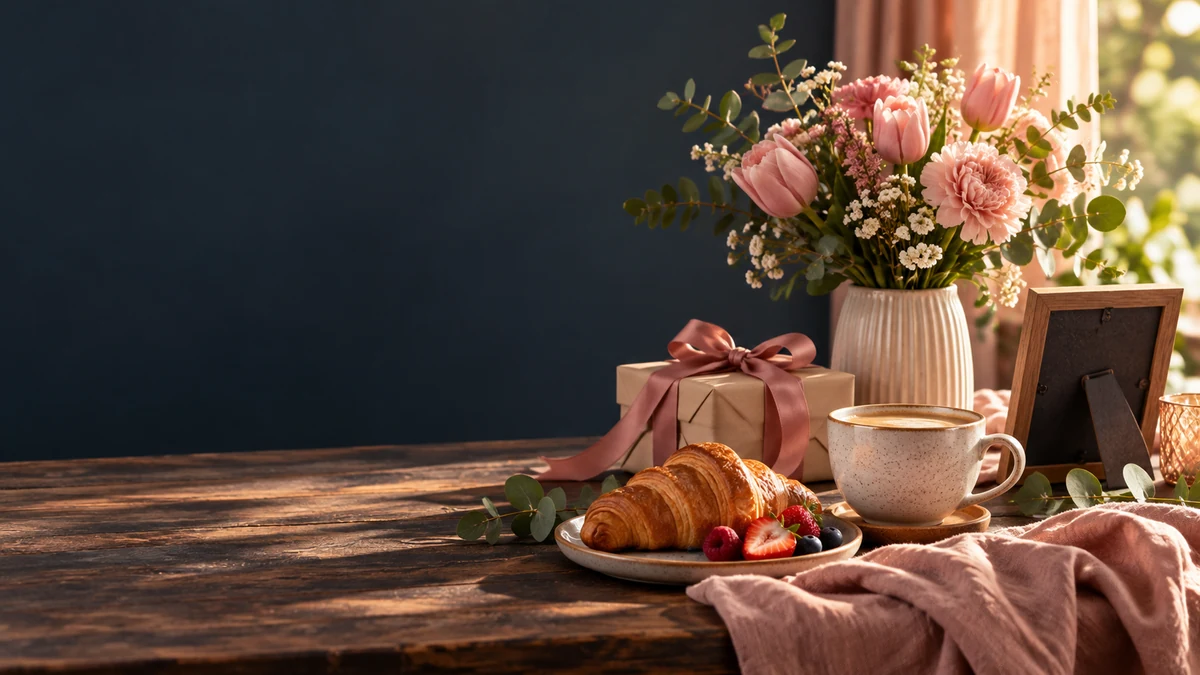 Frühstückstisch mit Blumenstrauß, kleinem Geschenk und leerem Bilderrahmen