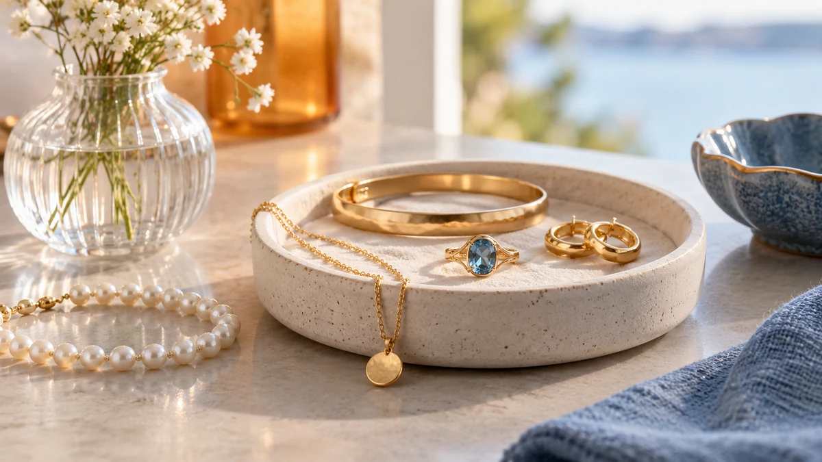 Typische unbeschriftete Produkte und Gegenstände aus dem Bereich Schmuck in einem redaktionellen Stillleben