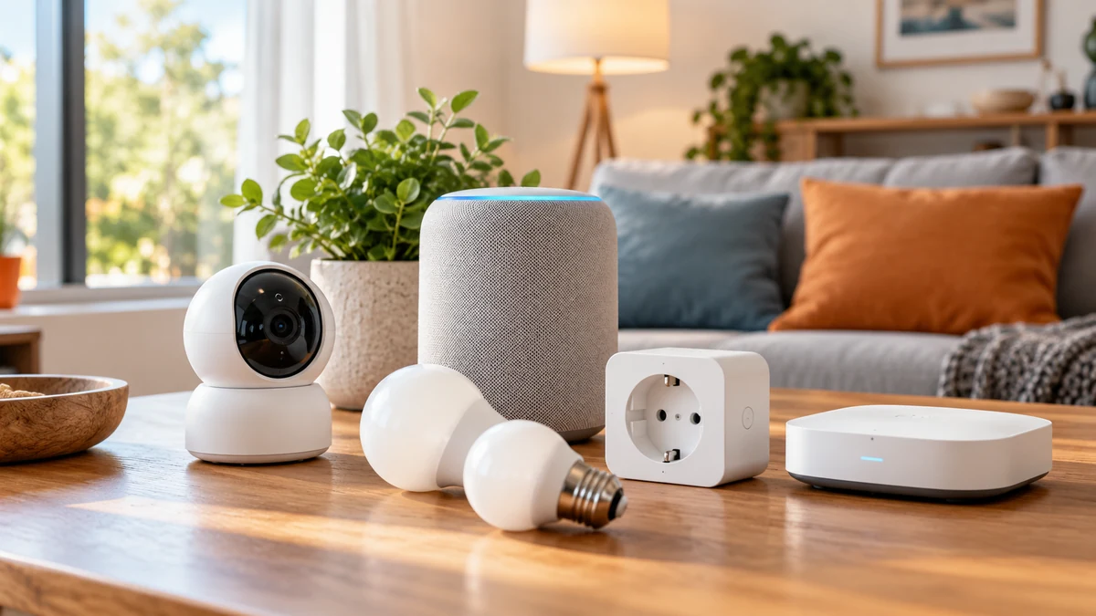 Typische unbeschriftete Produkte und Gegenstände aus dem Bereich Smart Home in einem redaktionellen Stillleben