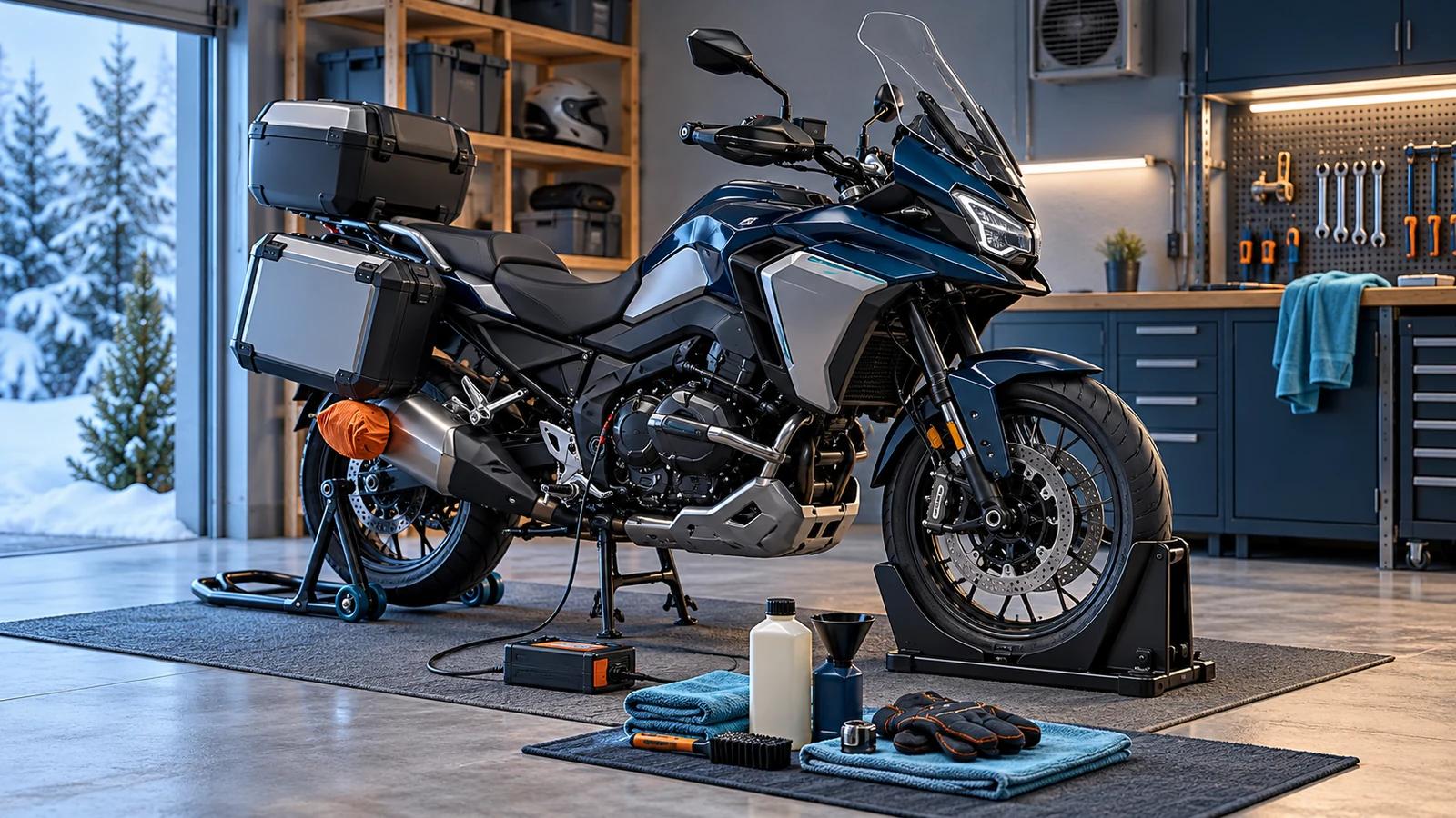 Motorrad auf Montageständern mit Ladegerät und Pflegematerial in einer trockenen Garage