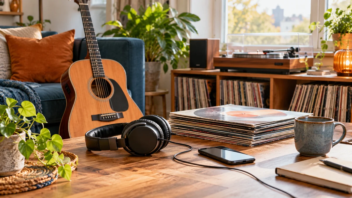 Typische unbeschriftete Produkte und Gegenstände aus dem Bereich Musik in einem redaktionellen Stillleben