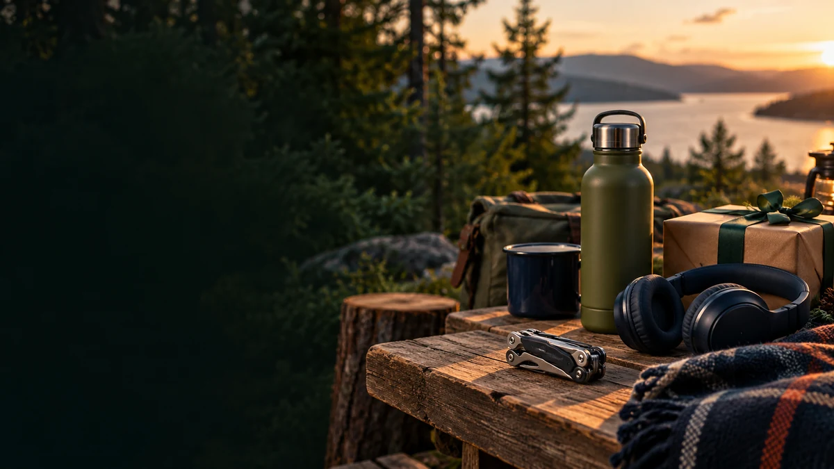 Outdoor-Tisch mit Trinkflasche, Kopfhörern, Multifunktionswerkzeug und Geschenk