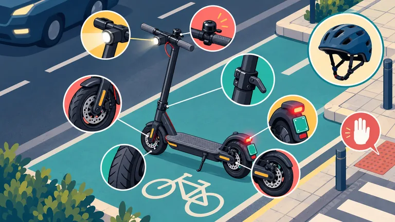 Markenfreier E-Scooter auf dem Radweg mit Prüfpunkten für Bremsen, Licht, Reifen, Klingel, Faltung und Versicherung