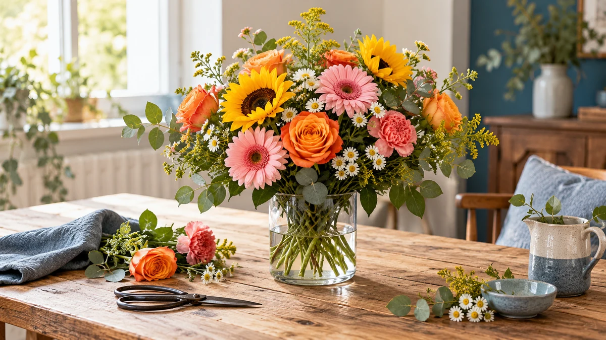 Typische unbeschriftete Produkte und Gegenstände aus dem Bereich Blumen in einem redaktionellen Stillleben