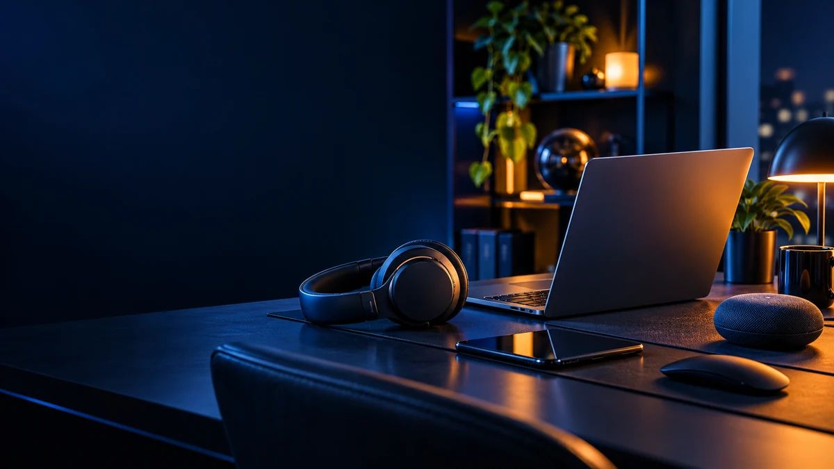 Moderner Arbeitsplatz mit Laptop, Kopfhörern und smarten Geräten bei blauem Licht