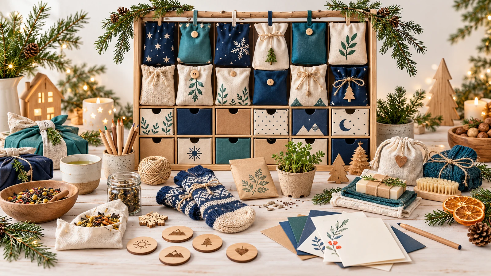 Wiederverwendbarer Adventskalender mit kleinen praktischen und persönlichen Geschenken