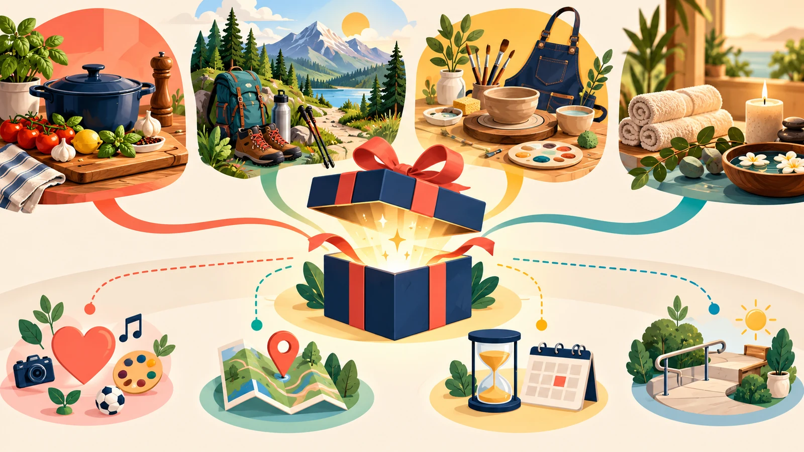 Geschenkbox mit Optionen für Kochen, Natur, Kreativkurs und Wellness sowie Planungssymbolen