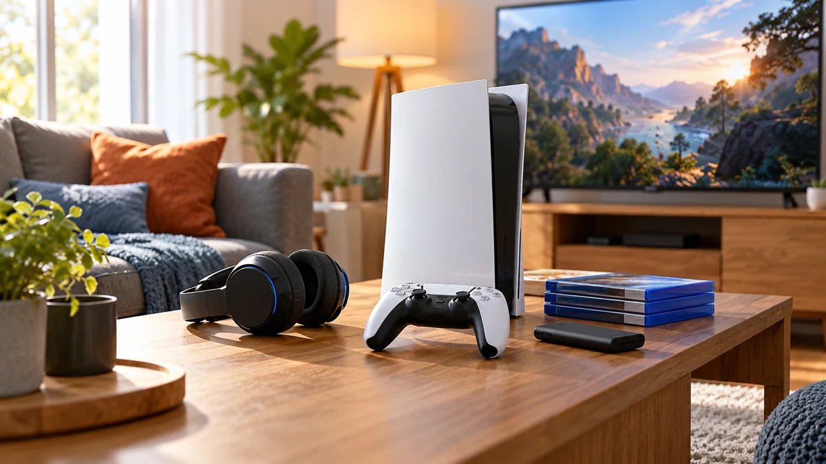 Typische unbeschriftete Produkte und Gegenstände aus dem Bereich Spielekonsolen in einem redaktionellen Stillleben