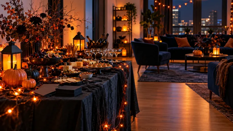 Vorbereitetes Halloween-Buffet mit elektrischer Beleuchtung und freien Laufwegen in einem Wohnzimmer.