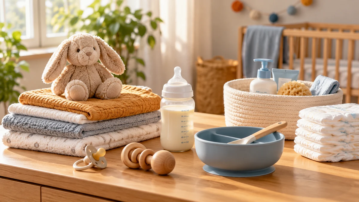 Typische unbeschriftete Produkte und Gegenstände aus dem Bereich Babybedarf in einem redaktionellen Stillleben