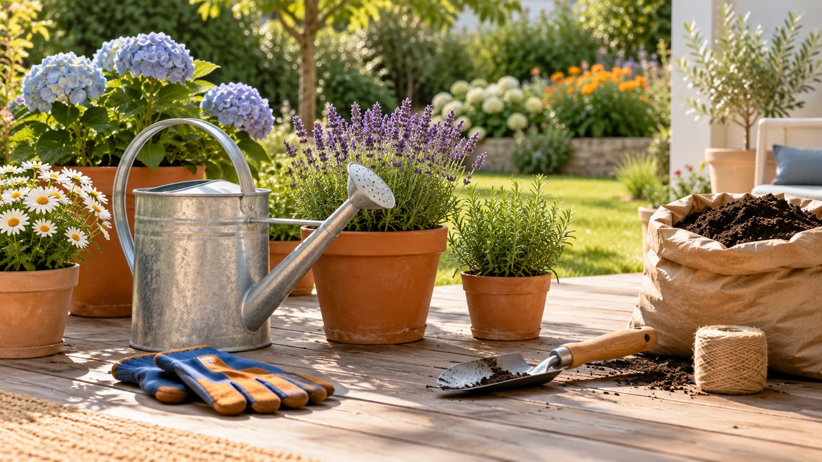 Typische unbeschriftete Produkte und Gegenstände aus dem Bereich Gartenbedarf in einem redaktionellen Stillleben