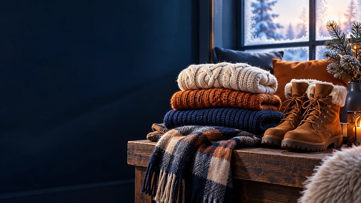 Gefaltete Strickkleidung und Winterstiefel vor einem verschneiten Fenster