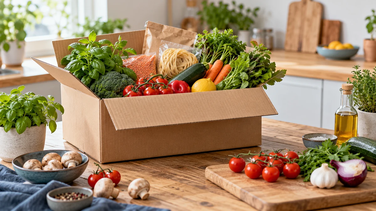 Typische unbeschriftete Produkte und Gegenstände aus dem Bereich Kochboxen & Lebensmittel-Abos in einem redaktionellen Stillleben