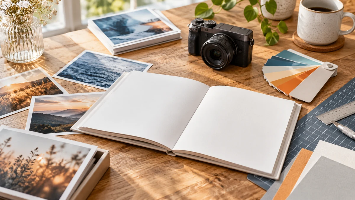 Kamera, ausgebreitete Fotografien und Druckmuster auf einem hellen Arbeitstisch