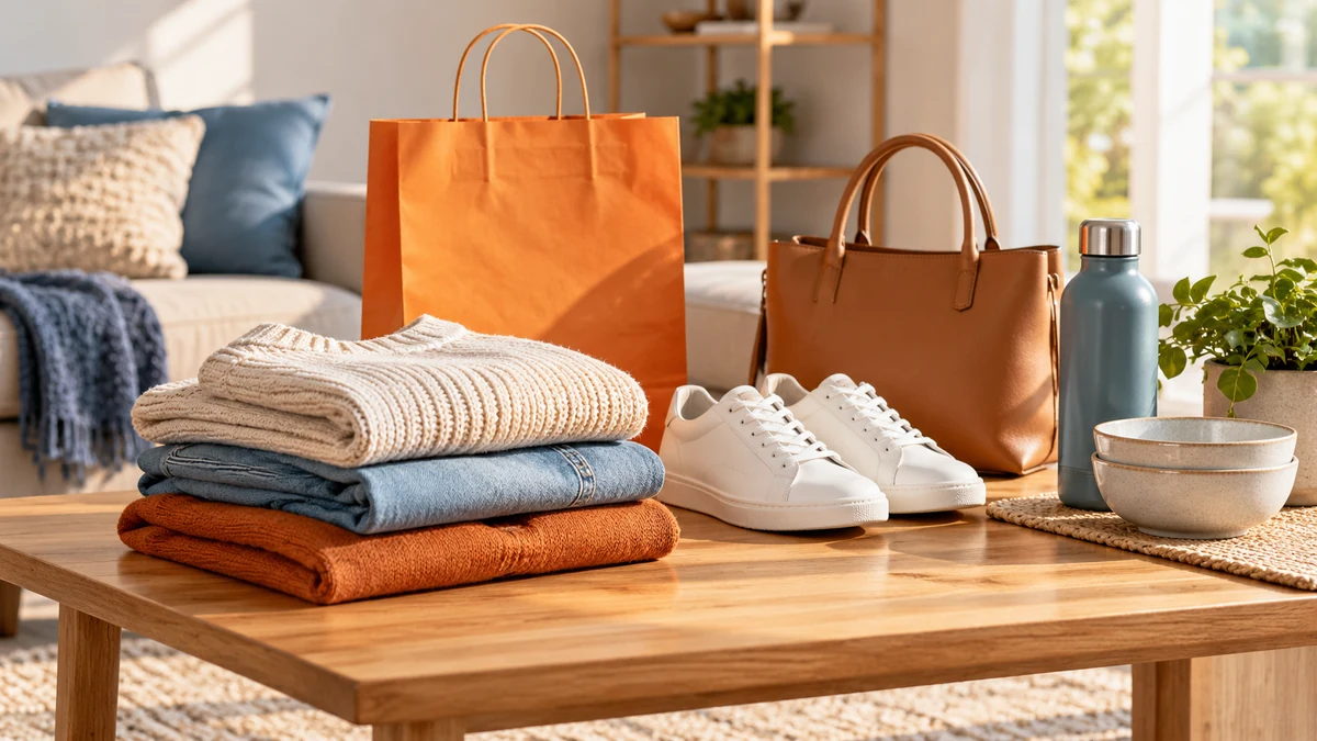 Typische unbeschriftete Produkte und Gegenstände aus dem Bereich Outlet in einem redaktionellen Stillleben