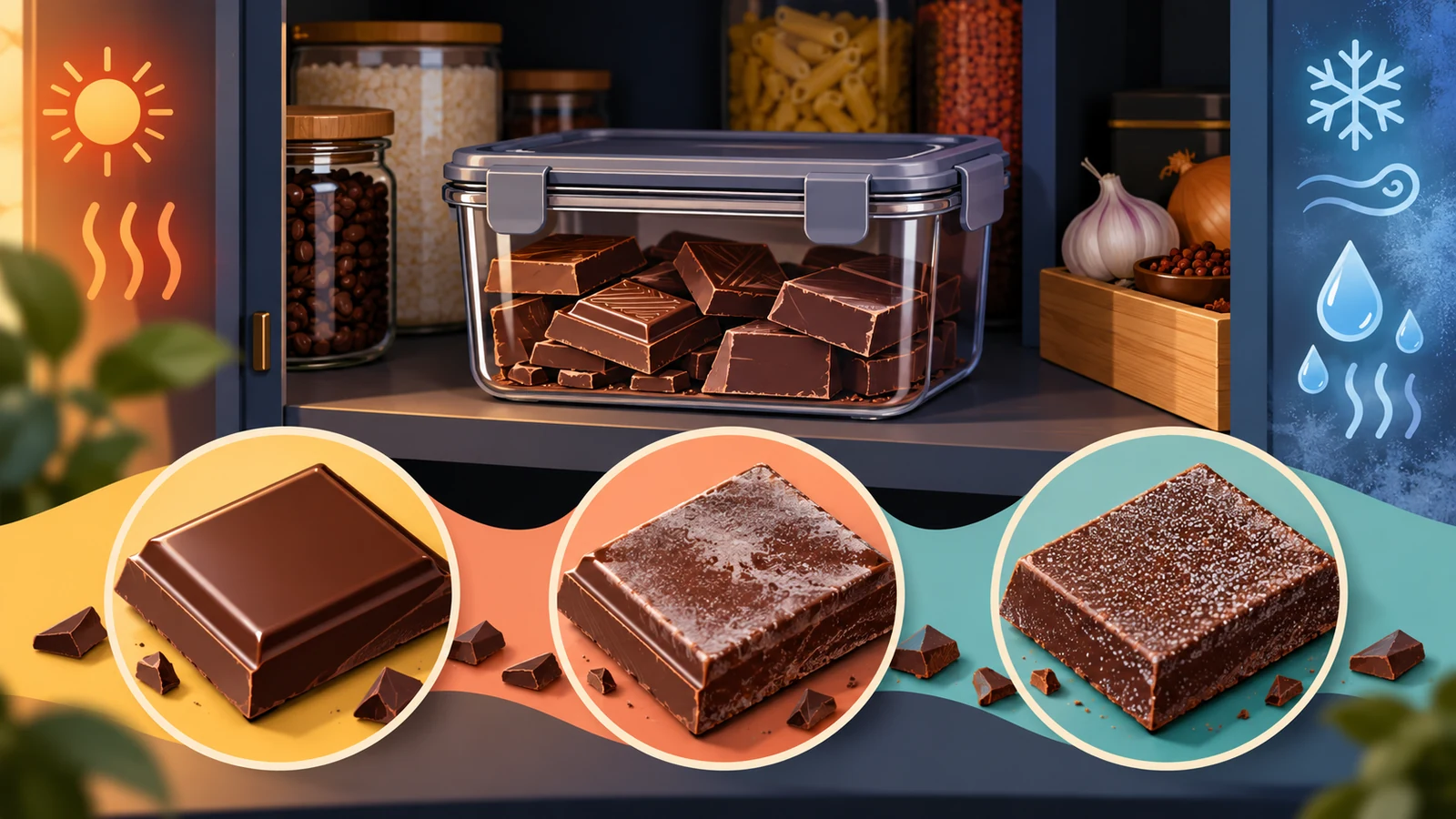 Schokolade im dichten Vorratsbehälter sowie glatte Oberfläche, Fettreif und körniger Zuckerreif im Vergleich
