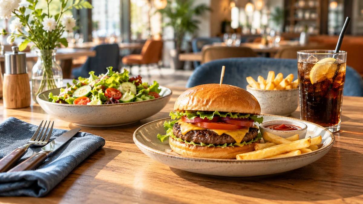 Typische unbeschriftete Produkte und Gegenstände aus dem Bereich Restaurant & Fast Food in einem redaktionellen Stillleben