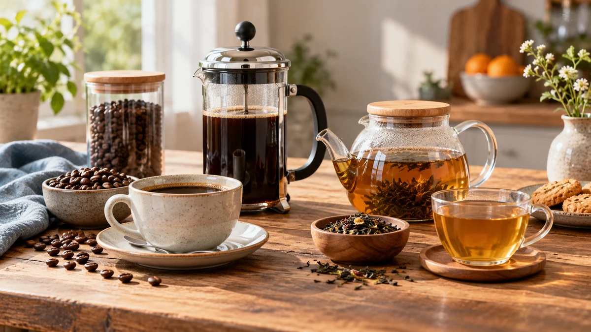 Typische unbeschriftete Produkte und Gegenstände aus dem Bereich Kaffee & Tee in einem redaktionellen Stillleben