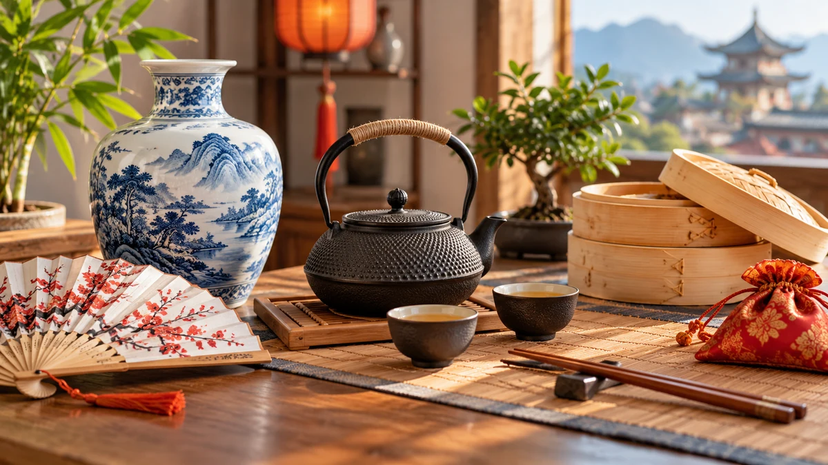 Typische unbeschriftete Produkte und Gegenstände aus dem Bereich China-Shops & Fernost-Import in einem redaktionellen Stillleben