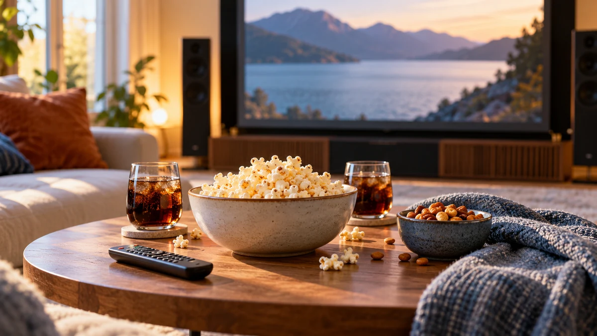 Typische unbeschriftete Produkte und Gegenstände aus dem Bereich Kino in einem redaktionellen Stillleben