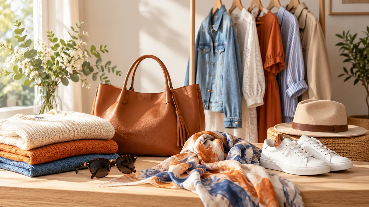 Typische unbeschriftete Produkte und Gegenstände aus dem Bereich Modetrends in einem redaktionellen Stillleben