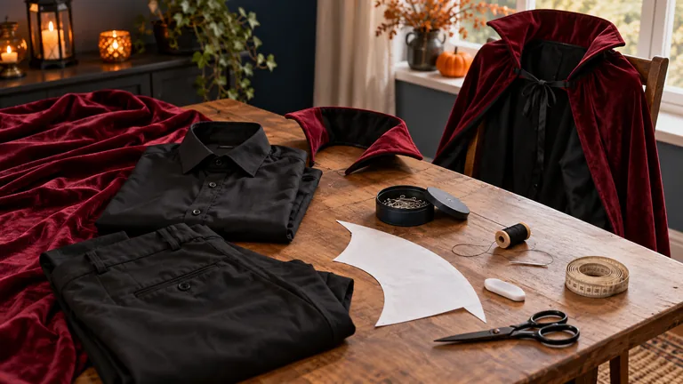 Dunkle Alltagskleidung, roter Stoffumhang und Nähzubehör für ein selbst gemachtes Vampirkostüm.