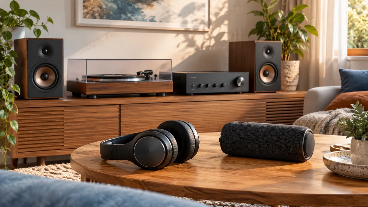 Typische unbeschriftete Produkte und Gegenstände aus dem Bereich Audio & HiFi in einem redaktionellen Stillleben