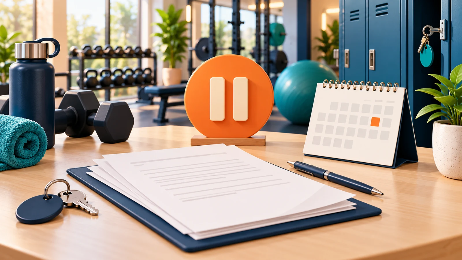 Vertragsunterlagen, Kalender, Pausensymbol und Trainingsgeräte im Fitnessstudio