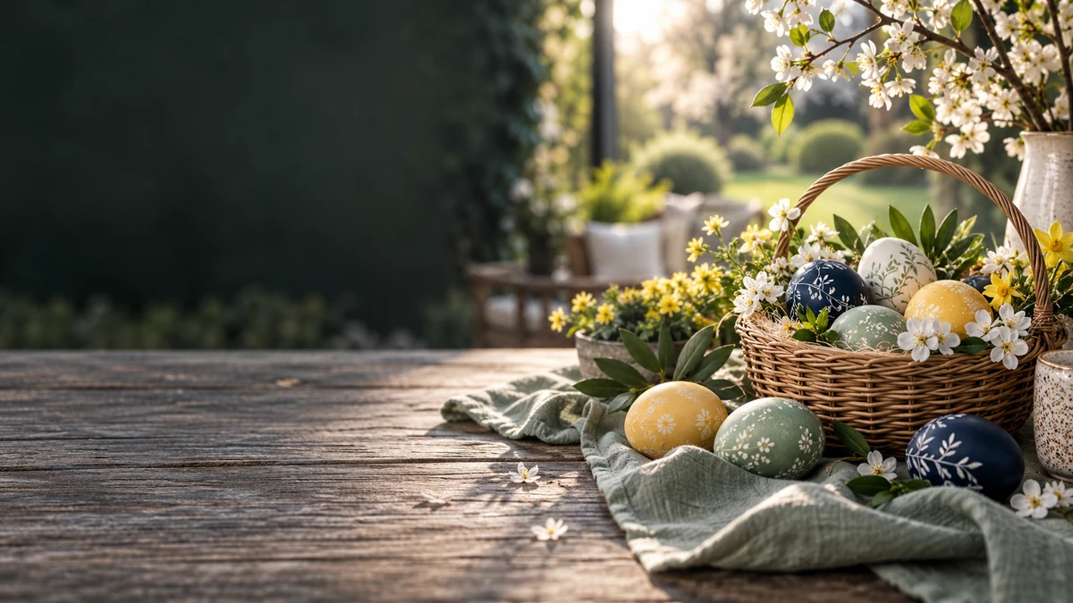 Korb mit bemalten Ostereiern und Frühlingsblüten auf einem Holztisch im Garten
