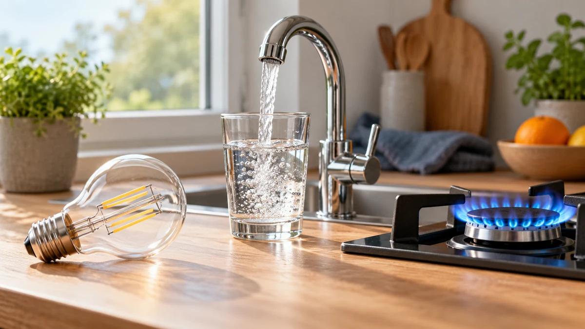 Typische unbeschriftete Produkte und Gegenstände aus dem Bereich Strom, Wasser & Gas in einem redaktionellen Stillleben