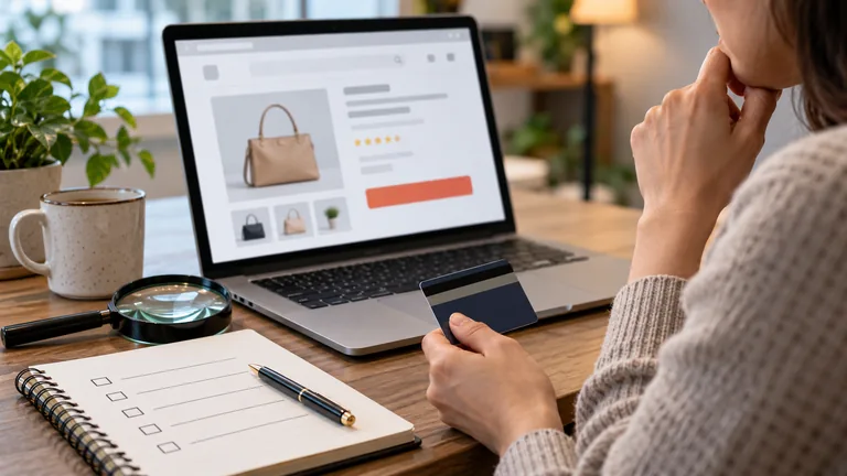 Laptop mit Lupe, Bankkarte und Paket auf einem sachlichen Schreibtisch.